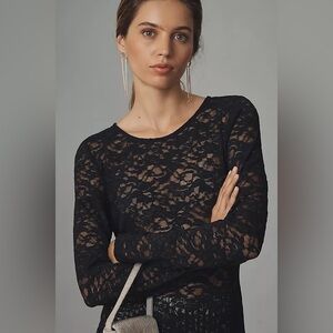 By Anthropologie Black Long Sleeve Lace Crew Neck Top